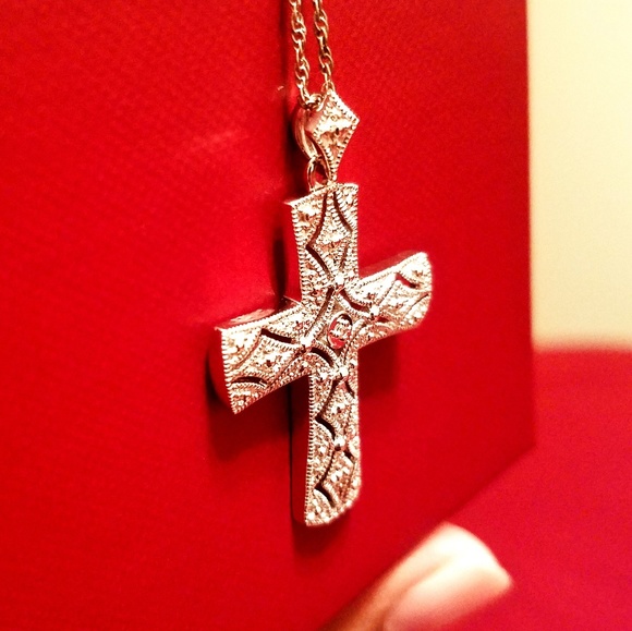 Cross diamond filigree necklace 925 SS - Picture 4 of 7
